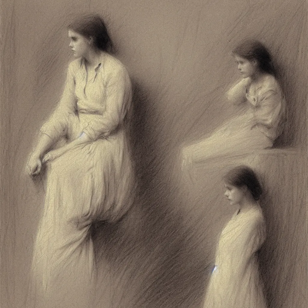 Image similar to a lonely girl by ilya repin. pencil sketch.