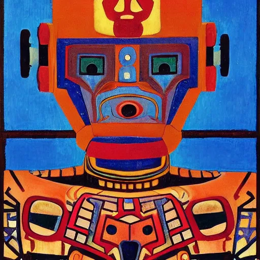 Prompt: robot wearing human mask, by annie swynnerton and nicholas roerich and leo and diane dillon and adolf wolfli and diego rivera, symbolist, art brut, elaborate costume, little glowing lights, rich color, dramatic cinematic lighting, smooth, sharp focus, extremely detailed