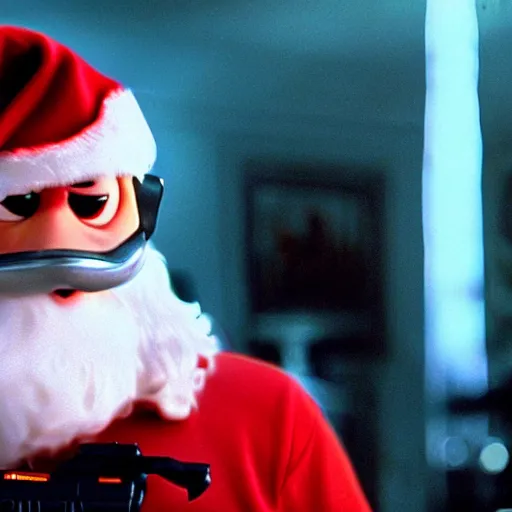Prompt: a cinematic film still from a 2001 Pixar movie about a terminator Santa, in the style of Pixar, shallow depth of focus