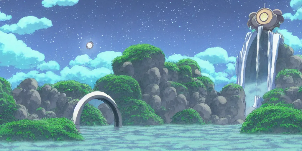 Prompt: a cell - shaded studio ghibli concept art study of a roach arch time portal in the air over a flooded desert on a misty starry night. a waterfall is flowing out of the portal. very dull colors, hd, 4 k, hq