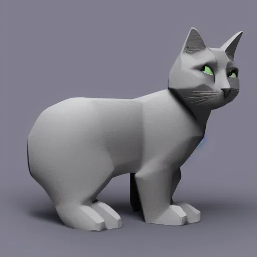 Prompt: low polygon model of a gray cat octane render