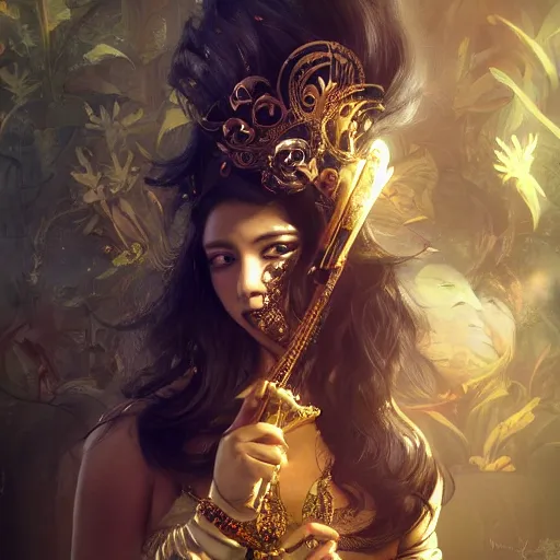 Image similar to the portrait, masked female violinist, exotic costumes, gold jewelry, black hair ， illustration by wenjun lin, irakli nadar, bright colors, octopath traveler, wenjun lin, unreal engine 5 highly rendered, global illumination, radiant light, detailed and intricate environment