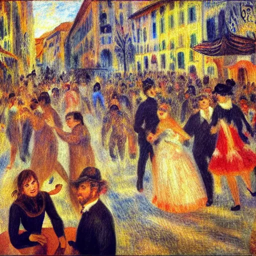 Prompt: disco party, strobo lights, millennials dancing, z generation, dj set, the square of an italian small town with stairs, impressionist style, drawn by renoir, high definition