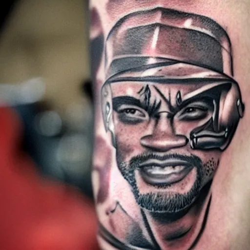 Prompt: flash photo of a tattoo on a man’s arm that looks like Will Smith as the terminator