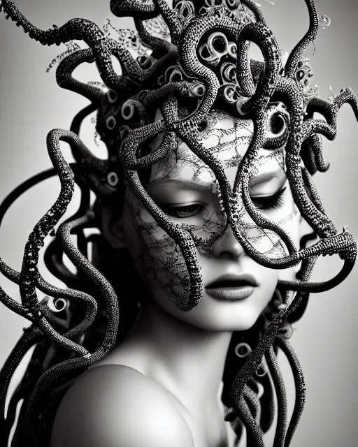 Prompt: surreal mythical dreamy artistic black and white fine art photo of a beautiful young female queen - medusa - cyborg covered with lace fish scales and translucent algae, highly detailed, intricate crystal ivy lace jelly fish scales ornate, poetic, octane render, 8 k, photo - realistic