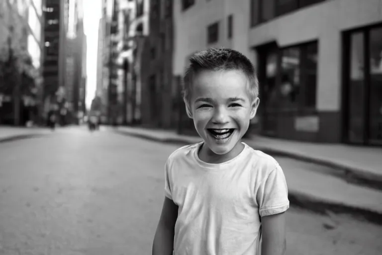 Image similar to still photo of a canadian child boy smiling at the camera on the street, black and white color aesthetic, highly detailed, photorealistic portrait, bright studio setting, studio lighting, crisp quality and light reflections, unreal engine 5 quality render