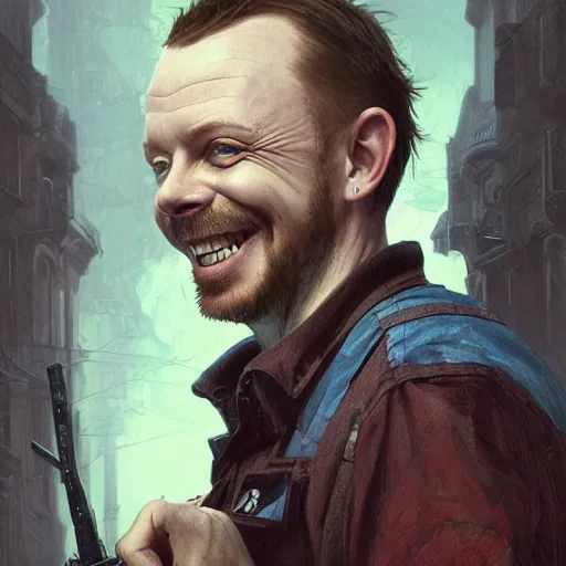 Image similar to portrait painting of simon pegg smiling like a winner with a winchester, ultra realistic, concept art, intricate details, eerie, highly detailed, photorealistic, octane render, 8 k, unreal engine. art by artgerm and greg rutkowski and alphonse mucha