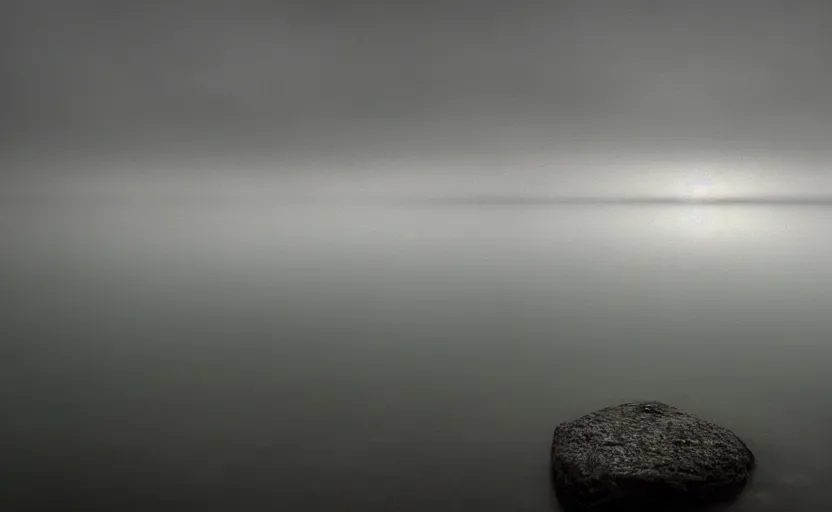 Image similar to extreme low angle camera lens partially submerged in water showing the surface of a lake with a rocky lake shore in the foreground, scene from a film directed by charlie kaufman ( 2 0 0 1 ), foggy volumetric light morning, extremely moody, cinematic shot on anamorphic lenses