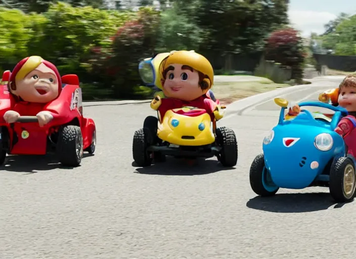 Prompt: peter dinklage racing against gary coleman driving a little tikes cozy coupe, movie still, from the new tokyo drift movie, 8 k, realistic