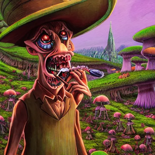 Prompt: a centered chest up portrait of a psychedelic demonic anthropomorphic badger smoking a hand - rolled cigarette smoking heavily, magic mushroom village in background. award winning. superb resolution. in the art style of junji ito and greg rutkowski. detailed mushroom city in background. hyper realistic anime. perfect art. dalle 2