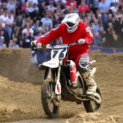 Prompt: trump riding motocross without wearing a helmet doing a wheelie