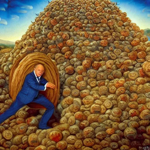 Image similar to Benjamin Netanyahu depicted as Sisyphus, carrying sacks of money up a mountain in hell, by Michael Cheval