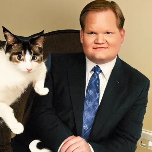 Image similar to Andy Richter wearing a blue dress shirt, necktie, navy dress pants sitting in a chair petting a calico cat