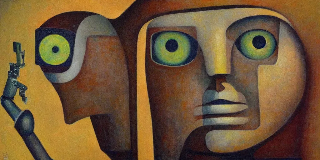 Prompt: sentient robot with soulful eyes portrait, lowbrow, pj crook, grant wood, edward hopper, oil on canvas