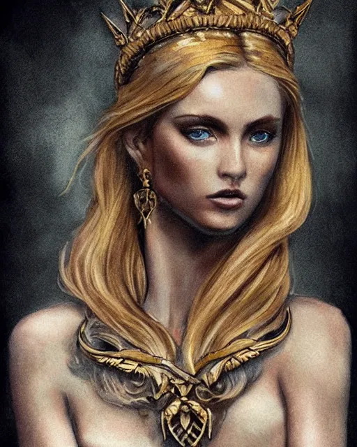 Image similar to tattoo sketch of beautiful super model aphrodite greek goddess wearing a gold laurel wreath and triangle earrings, beautiful piercing gaze with sharp pupils, beautiful blonde hair, in the style of greg rutkowski, fantasy, amazing detail, epic, elegant, smooth, sharp focus, front view