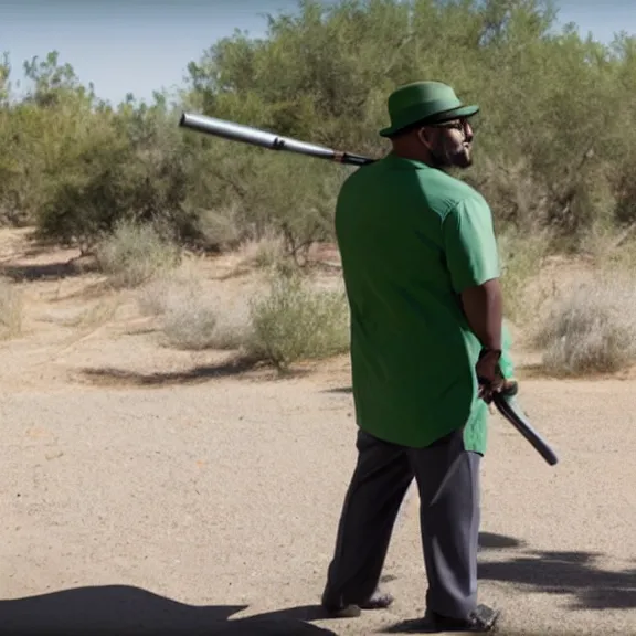 Prompt: Still of Big Smoke with green clothing with a baseball bat and trilby hat in Better Call Saul