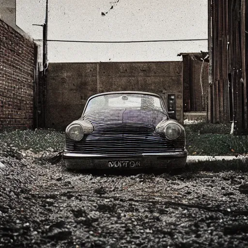 Prompt: beautiful minimalistic realistic photograph, abandoned cars park in a quiet alley by langdon clay, Peter Lippmann, VSCO film grain