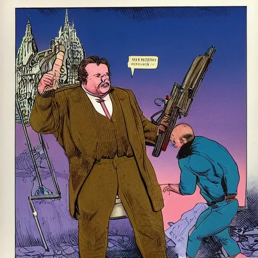 Prompt: gk chesterton with big muscles and a shotgun by james gurney and mœbius