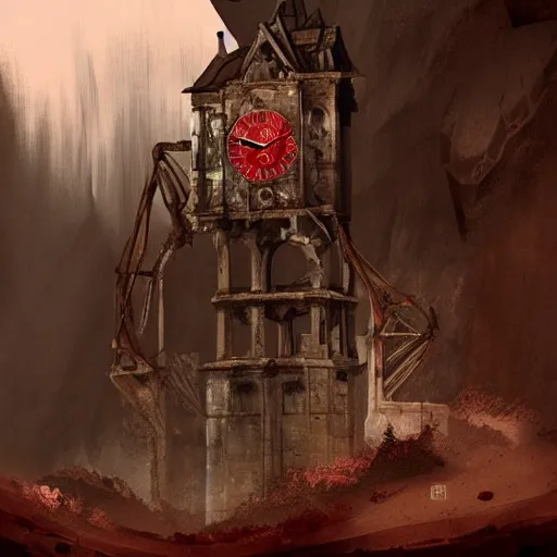 Image similar to an abandoned old,rusty, clock tower in a dark enormous cave, painting, illustration, Concept art, art station, DeviantArt