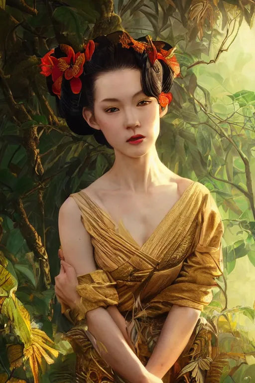 Image similar to stunningly beautiful, irish geisha prima ballerina in jungle, symmetrical face, golden hour, smooth, focus, highly detailed, hyper realistic, dramatic lighting, elegant, intricate, concept art, art by wlop, mars ravelo, greg rutowski, artstation