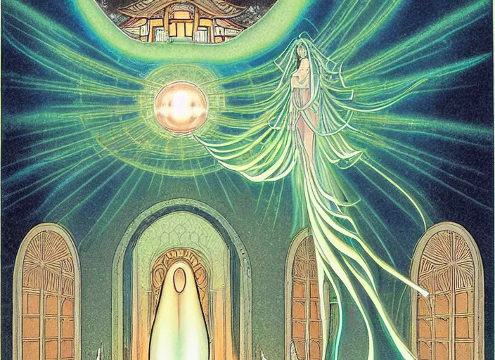 Prompt: a symmetrical!!! delicate mtg illustration by charles vess and kawase hasui of a flock of radiant seraphim emerging from the glowing doorway of a massive vulva - shaped temple made of smooth organic architecture and floating in the astral plane and constructed of house - sized crystals and a bulb of the vestibule made of iridescent pearl