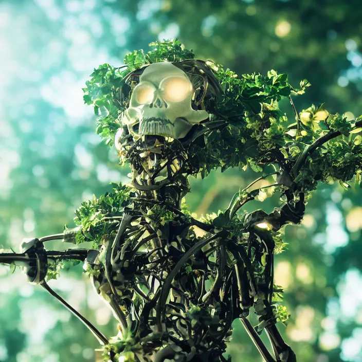 Image similar to overgrown foliage over a robotic bio skeleton, close - up, 3 5 mm, f 1. 8, bokeh, beautiful, lens flare, emotional, sweet, flowers, detailed, picture, trending on artstation, award - winning, shiny, golden