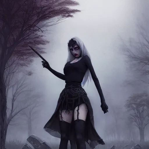 Image similar to kerli koiv the craft mini skirt crop top standing in cemetery, gothic, darkwave, darksynth, concept art, sharp, digital matte painting, art by greg rutkowski, wlop, dramatic lighting, trending on artstation