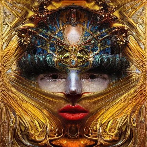 Prompt: Divine Chaos Engine, as a Venetian Carnivale Mask, by Karol Bak, Jean Deville, Gustav Klimt, and Vincent Van Gogh, celestial, visionary, sacred, fractal structures, ornate realistic gilded medieval icon, spirals