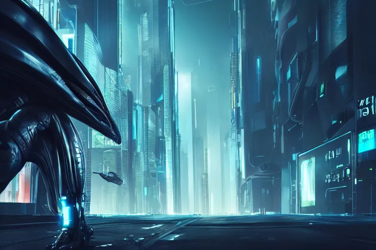 Image similar to cyberpunk alien concept inspired street, futuristic look, highly detailed body, very powerful, photorealistic camera shot, bright studio setting, studio lighting, crisp quality and light reflections, unreal engine 5 quality render