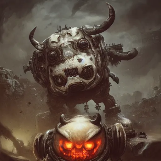 Prompt: cute little anthropomorphic Cow in Gears of War cover art, ultra wide lens shot , tiny, small, short, cute and adorable, pretty, beautiful, DnD character art portrait, matte fantasy painting, DeviantArt Artstation, by Jason Felix by Steve Argyle by Tyler Jacobson by Peter Mohrbacher, cinematic lighting