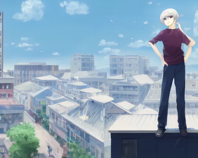 Image similar to teen standing on the roof of a building, wearing white collared shirt, back turned, looking up, illustration, by pine ( ハイネ ) and 薯 子 imoko and 香 川 悠 作 and wlop and maya takamura, highly detailed, trending artstation, pixiv, digital art