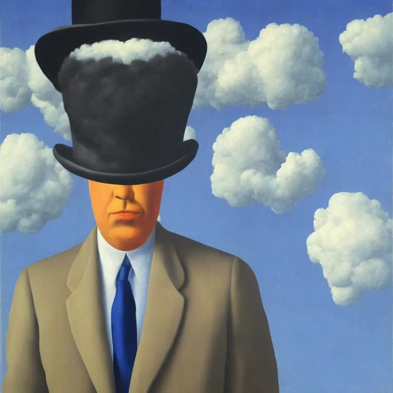 Image similar to portrait of mister cloud by rene magritte, detailed painting, hd, hq, high resolution, high detail, 4 k, 8 k