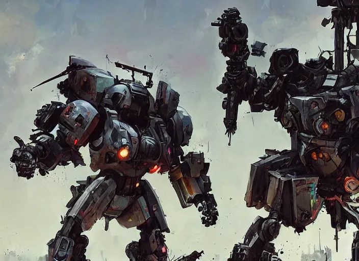 Prompt: mechwarriors in a battlefield. style by simon bisley, ismail inceoglu, wadim kashin, filip hodas, benedick bana, and andrew atroshenko.