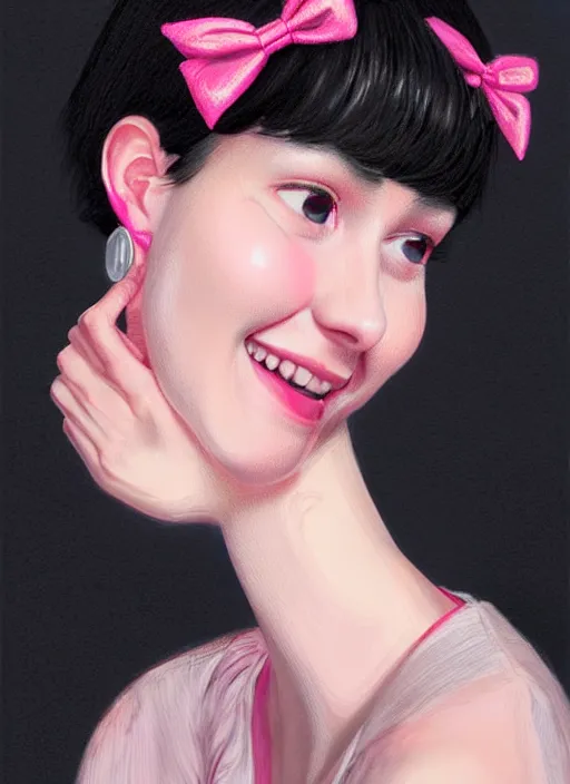 Image similar to portrait of high school girl, realistic, black hair, bangs, half updo hairstyle, pointy nose, skinny, smile, ugly, defined jawline, big chin, pink hair bow, earrings, intricate, elegant, glowing lights, highly detailed, digital painting, artstation, sharp focus, illustration, art by wlop, mars ravelo and greg rutkowski