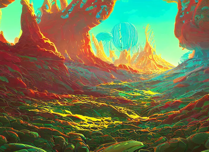 Image similar to psychedelic concept art of an alien landscape made of baked beans, cel shaded, in the style of makoto shinkai and moebius and peter mohrbacher and anton fadeev