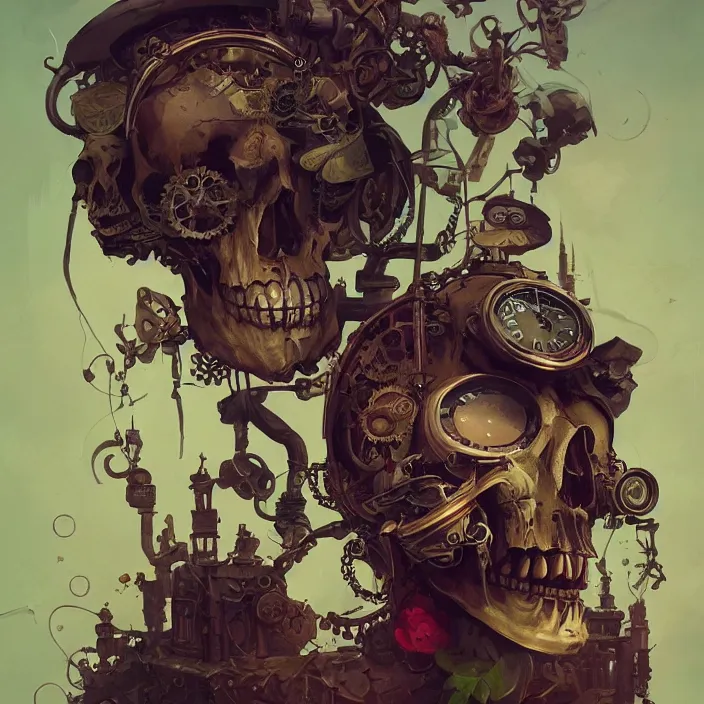 Image similar to a beautiful painting of a steampunk skull by sergey kolesov and vania zouravliov and pascal blanche and rhads. in style of colorful comic noir illustration, symmetry, hyper detailed. octane render. trending on artstation