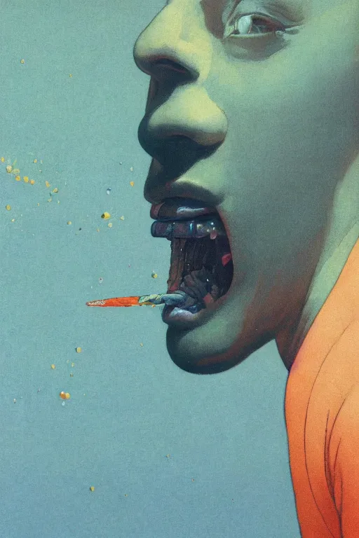 Image similar to a scifi closeup portrait of a young british man licking a blotter paper of LSD acid on his tongue and dreaming psychedelic hallucinations in cosmos, by kawase hasui, moebius, Edward Hopper and James Gilleard, Zdzislaw Beksinski, Steven Outram colorful flat surreal design, hd, 8k, artstation