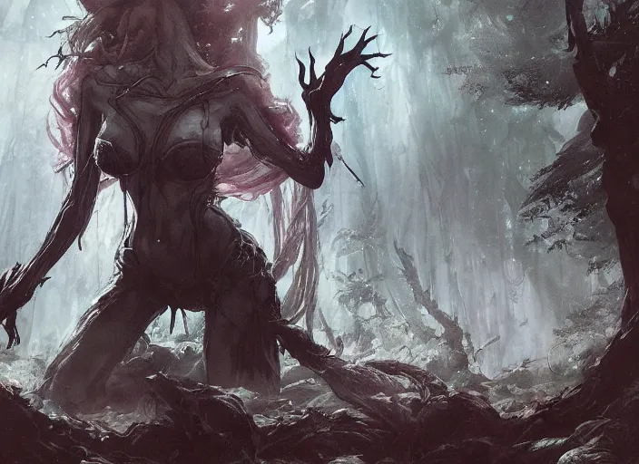 Image similar to my bed giant girl cthulhu in the dark forest greg rutkowski, yoji shinkawa, yoshitaka amano, tsutomu niehi, moebius, donato giancola, geoffroy thoorens, concept art, trending on artstation, featured on pixiv, cinematic composition, 8 k