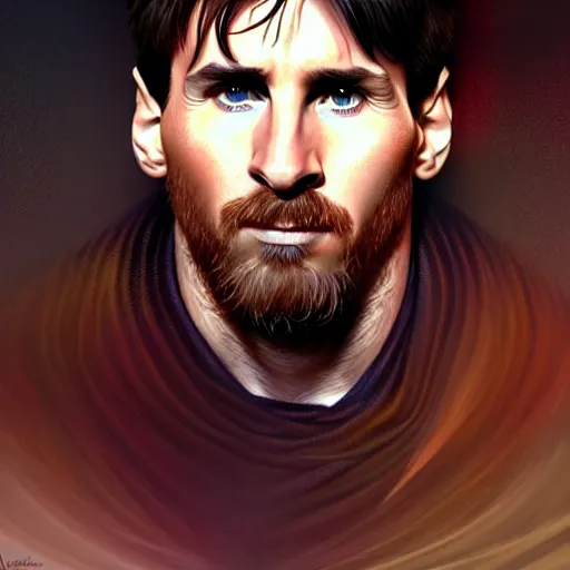 Prompt: Lionel Messi closeup, D&D style, fantasy, intricate, elegant, highly detailed, digital painting, artstation, concept art, matte, sharp focus, illustration, art by Artgerm and Greg Rutkowski and Alphonse Mucha