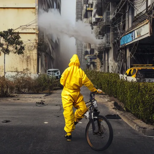 Image similar to a photo of a female wearing a hazmat suit, riding a bike, side-view, smoke in the background, filthy streets, broken cars. Vines growing. Jpeg artifacts. Full-color photo. Color color color color color. Award-winning photo. OM system 12–40mm PRO II 40mm, 1/100 sec, f/2 8, ISO 800