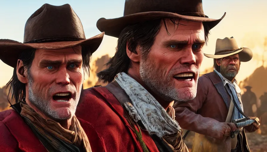 Image similar to Jim Carrey is Arthur Morgan in Red Dead Redemption 2, hyperdetailed, artstation, cgsociety, 8k