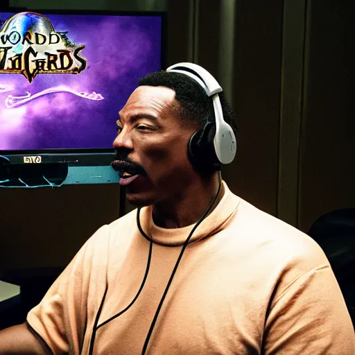 Image similar to my 600 lb Eddie Murphy wearing a headset yelling at his monitor while playing WoW highly detailed wide angle lens 10:9 aspect ration award winning photography by David Lynch esoteric erasure head