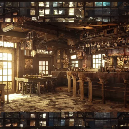 Prompt: Realistic Interior Concept design of very very very highly detailed Tavern in Mixed style of Medieval and in style of Cyberpunk, Many details by Hiromasa Ogura. More cyberpunk less Medieval. Panorama 360 degrees Rendered in unreal engine 5, artstationHD, 4k, 8k, 3d render, 3d Houdini, cinema 4d, octane RTX volumetric natural light