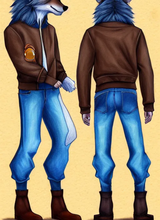 Image similar to expressive stylized master furry artist digital colored pencil painting full body portrait character study of the wolf small head fursona animal person wearing clothes jacket and jeans by master furry artist blotch