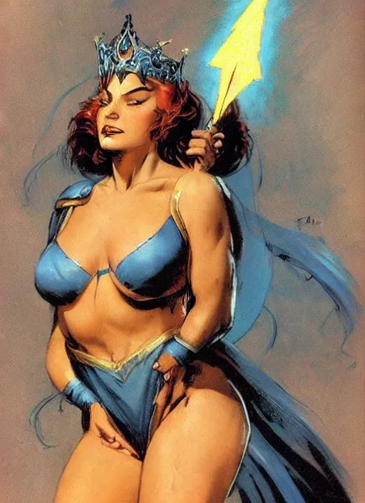 Image similar to mighty plump female sorceress, blue tiara, lightning strike above head, strong line, muted color, beautiful! coherent! by frank frazetta, by brom