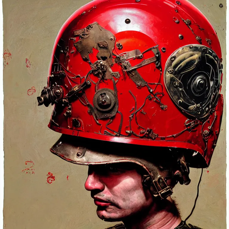 Image similar to portrait of a third reich soldier in ornate motorcycle dirt helmet in a helmet background red plastic bag, circuitboard,, rich deep colors, ultra detail, by francis bacon, james ginn, petra courtright, jenny saville, gerhard richter, zdzisaw beksinsk, takato yamamoto. masterpiece, elegant fashion studio ighting 3 5 mm