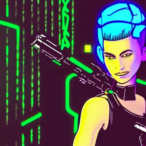 Prompt: cyberpunk chick with a side head shave in a city with aqua, green, and purple neon lighting, holding a gun, posed