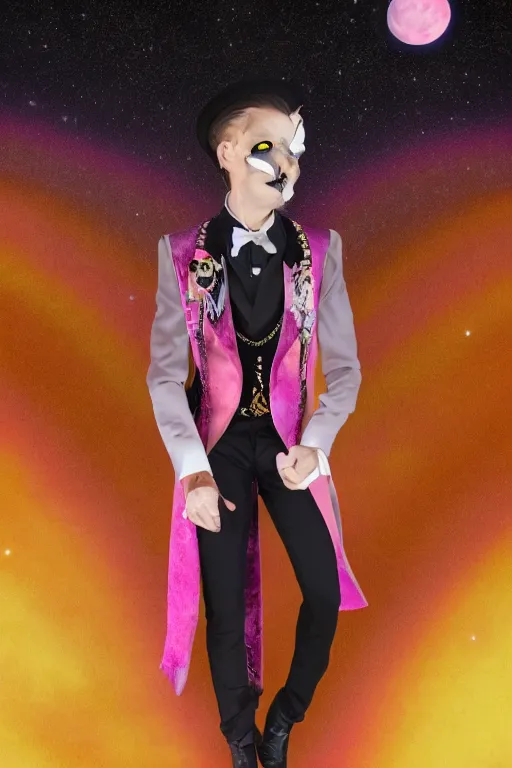 Image similar to Ethereal safari landscape with a pink rainbow sky under a god moonstone, black leather and embroidered Lolita dapper bespoke avant-garde tuxedo in velvet, black and gold rich color, dramatic cinematic lighting, featured on Artstation, extremely detailed by Lisa Frank