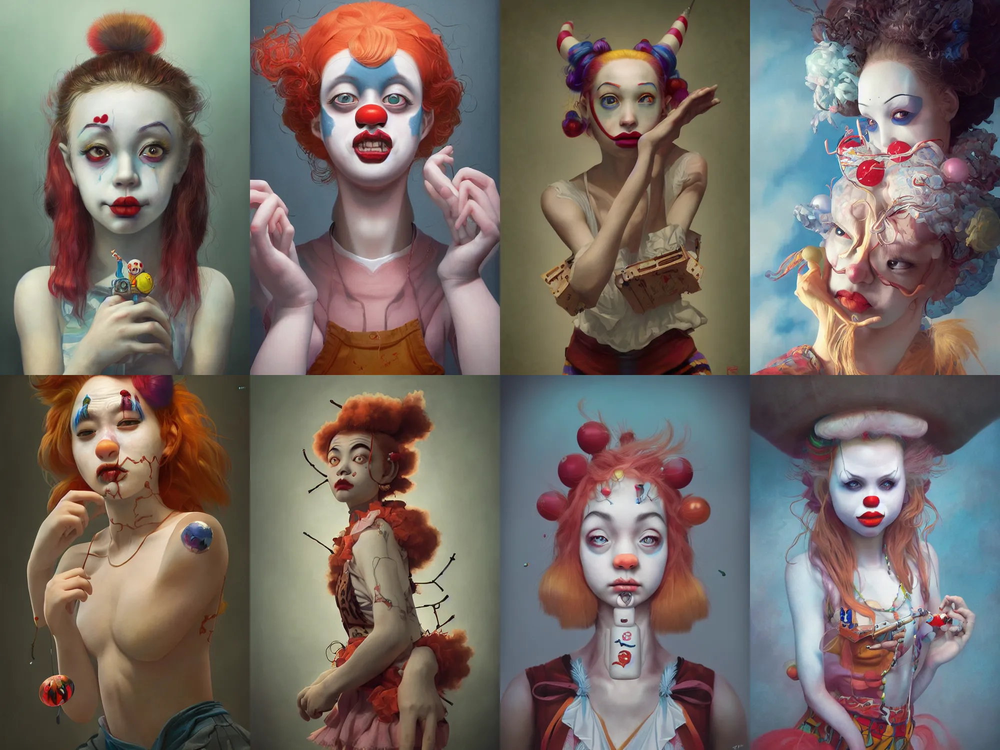 Image similar to breathtaking detailed painting of clown girl , with anxious, piercing eyes, Atari game cover art by Hsiao-Ron Cheng, James jean, Miho Hirano, Hayao Miyazaki, extremely moody lighting, hyperrealistic, octane render, RPG portrait, ambient light, dynamic lighting