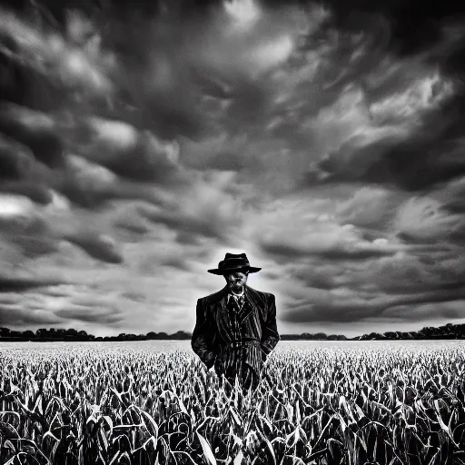 Image similar to The Hamburglar in a cornfield, UHD, HDR, intricate detail, black and white, gothic horror, moody, atmospheric lighting, haunting